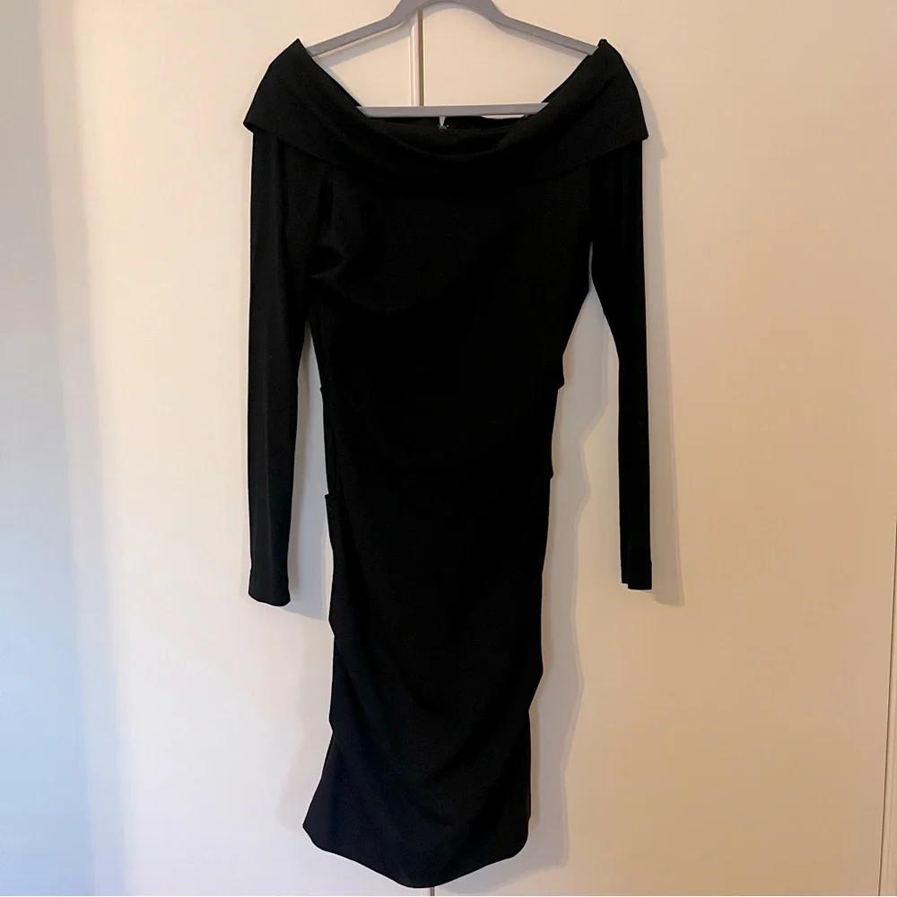 Nicole Miller Artelier Cali Ponte Dress Black Ruched Off-Shoulder Bodycon Med - Picture 12 of 14